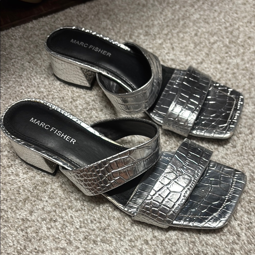 Marc Fisher Metallic Silver Croc-Embossed Mules